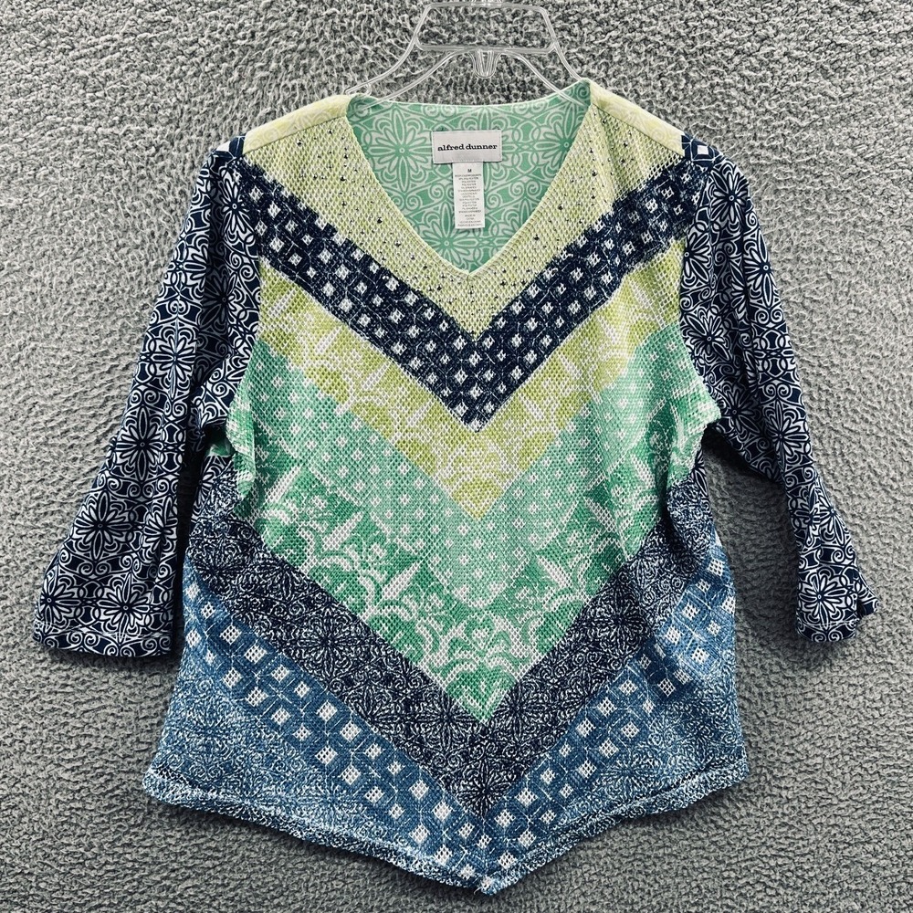 Women Boho Patchwork Tunic Top M Mesh Overlay Mixed Print Stretch Knit Casual